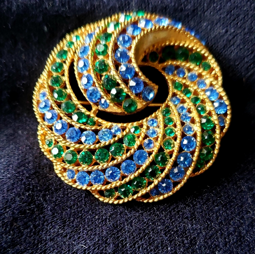 Vintage Lisner Blue and Green Rhinestone Brooch Marked
